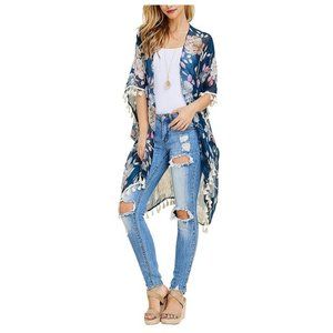 🫟 ONE SIZE: Trendy Blue Floral Sheer Kimono